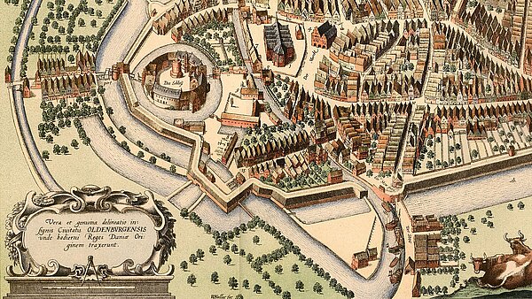 Ausschnitt Stadtplan Oldenburg, 1598, rechts unten „Der Stow“ und „Die Stow port“. Bild: Hollar / Bast / Stadtmuseum Oldenburg