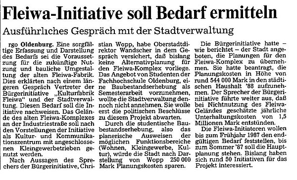 Zeitungsartikel zu den Plänen der „Bürgerinitiative Kulturfabrik“ in der NWZ vom 30.10.1986. Bild: Stadtmuseum Oldenburg.