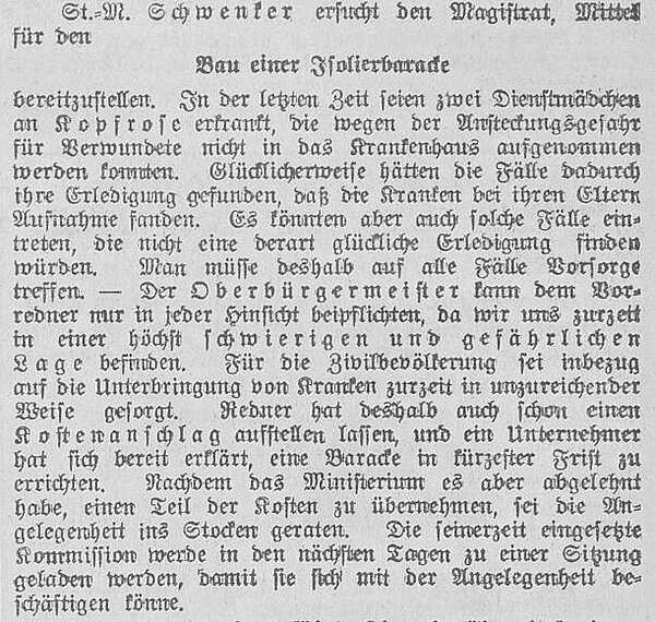 Der Ausschnitt aus der 1. Beilage zu Nr. 19 der „Nachrichten für Stadt und Land“ vom 20. Januar 1915 hebt die Schwierigkeiten und auch die Dringlichkeit bezüglich des Baus einer Isolierbaracke hervor. Bild: Landesbibliothek Oldenburg.