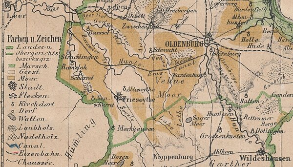 Ausschnitt aus der „Karte des Großherzogtums Oldenburg“ von 1876 mit der Stadt Oldenburg (oben rechts) und dem gut erkennbaren Moorland (gelb hervorgehoben). Das Moor im Westen ist zusammen mit dem Wald Wildenloh benannt, Eversten ist hier trotz der späteren Entstehung nicht eingezeichnet. Bild: Stadtmuseum Oldenburg.