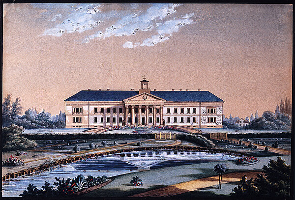 Dies ist eine der ältesten Darstellungen des Peter Friedrich Ludwigs-Hospitals und Bestandteil der Sammlung Theodor Francksens, gefertigt von Theodor Presuhn dem Älteren vor 1848. Bild: Stadtmuseum Oldenburg.