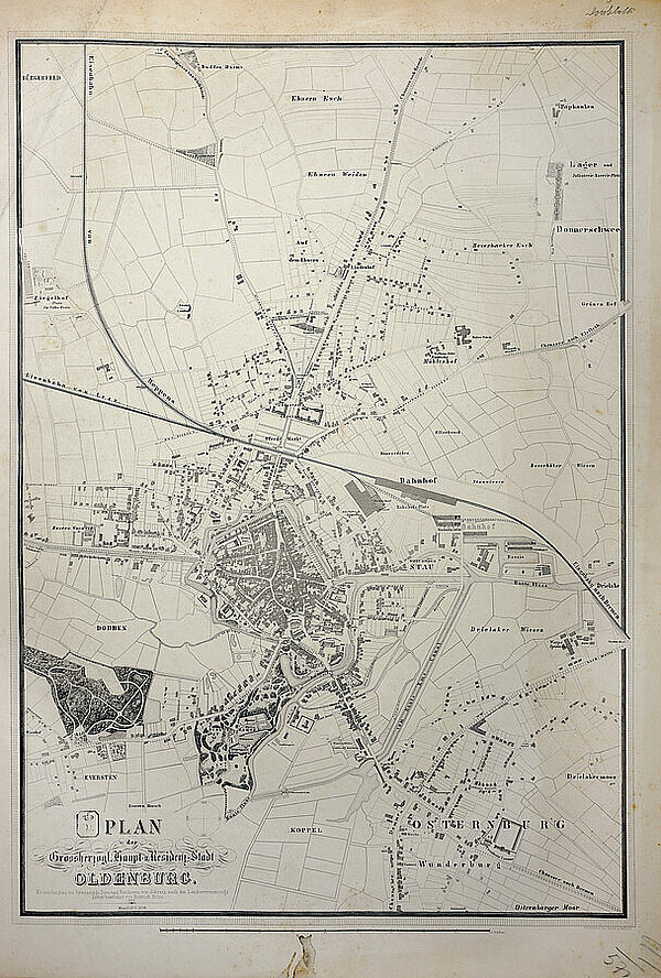 Die unbebaute Fläche des heutigen NGO-Standorts auf dem Stadtplan Heinrich Hotes von 1867. Bild: Stadtmuseum Oldenburg.