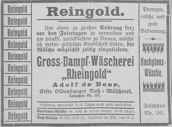 Die Beliebtheit der Dampfwäscherei wuchs in kürzester Zeit so rasant, dass Adolf de Beer mit einer Zeitungsannonce in den „Nachrichten für Stadt und Land“ den Andrang zu den Weihnachtsfeiertagen 1908 zu regeln versuchte. Bild: Landesbibliothek Oldenburg.