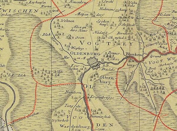 Ausschnitt aus der „Karte der Grafschaft Oldenburg und Delmenhorst“ von 1761 mit der Stadt Oldenburg und dem großen Moor mit dem Waldgebiet „Wildeloh“ (Wildenloh) im Westen. Auch der Ort Eversten am Rande des unbenannten Moores ist bereits eingezeichnet. Bild: Stadtmuseum Oldenburg.