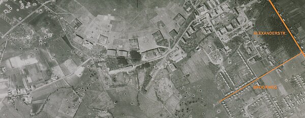 Luftbild Fliegerhorst der Kanadischen Streitkräfte vom 10. April 1945, rechts die Alexanderstraße. Bild: Stadtmuseum Oldenburg
