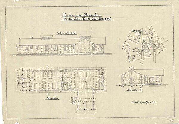 Plan und Bauzeichnung des Anbaus an die Isolierbaracke samt Lage in der Wilhelmstraße 13 vom Juni 1926. Von welchem Architekten der Plan erstellt wurde, ist nicht bekannt. Bild: Stadtmuseum Oldenburg.