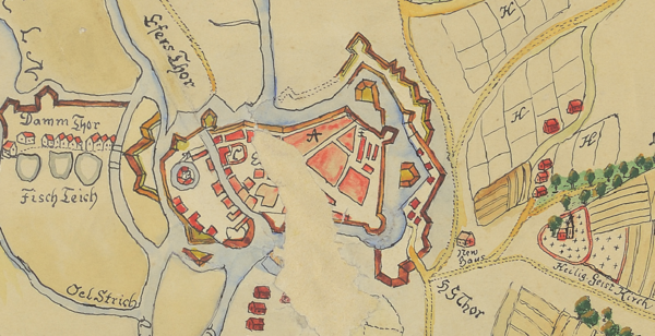 Die Lage der Baracken („F“) um das Jahr 1702 am Rand der nördlichen Stadtmauer vor der Haarenbastion (Karte ist nicht genordet, Norden ist rechts). Ausschnitt aus einer Kopie des Plans der Stadt Oldenburg und seiner Umgebung von W. A. Hunrichs. Bild: Stadtmuseum Oldenburg, KP 1571