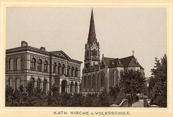 Postkarte Katholische Kirche und Volksschule. Bild: Stadtmuseum Oldenburg.