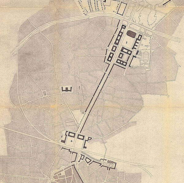Entwurf zur Neugestaltung der Nordstadt zwischen Pferdemarkt und Flötenteich (Ausschnitt) mit dem geplanten „Stadtforum“ am Pferdemarkt/Platz der S.A. (Nr. 4) und einem Gauforum (Nr. 3), 1940, Foto: Stadtarchiv/Ksg-h-3 Nr. 43 (alte Sign. 51114)