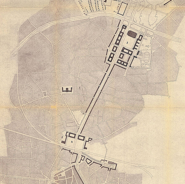 Entwurf zur Neugestaltung der Nordstadt zwischen Pferdemarkt und Flötenteich (Ausschnitt) mit dem geplanten „Stadtforum“ am Pferdemarkt/Platz der S.A. (Nr. 4) und einem Gauforum (Nr. 3), 1940, Foto: Stadtarchiv/Ksg-h-3 Nr. 43 (alte Sign. 51114)