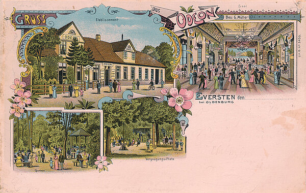 Grußkarte mit mehreren Bildern vom „Odeon“ aus der Zeit zwischen 1898 und 1920. Zu sehen sind das Etablissement, der Saal, der Garten und der Vergnügungsplatz. Bild: Stadtmuseum Oldenburg.