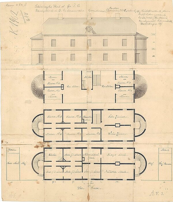 Bauzeichnung für das Lehrerseminar in der Wallstraße von 1806. Es diente den Seminaristen bis 1846 als Lehr-, Wohn- und Schlafstätte. Bild: Stadtmuseum Oldenburg.