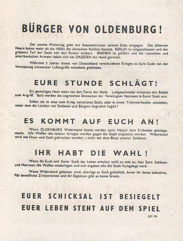 Flugblatt der Allierten, Ende April 1945 über Oldenburg abgeworfen. Foto: Stadtmuseum Oldenburg