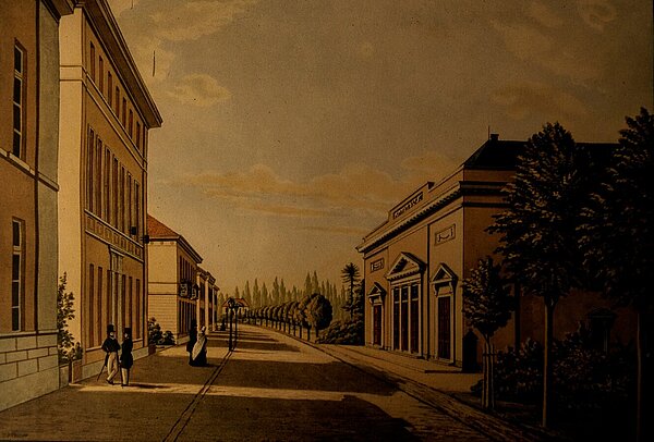 Das Theater mit seiner neuen, verbeiterten, klassizistischen Fassade, die 1838 vorgesetzt wurde. Um 1840, Zeichner unbekannt. Bild: Stadtmuseum Oldenburg