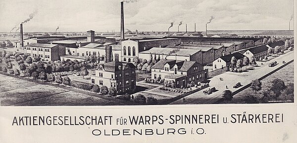 Das Betriebsgelände 1949. Im Vordergrund rechts die Stedinger Straße, vorne links die Villa des Betriebsleiters. Auch die Sheddächer sind rechts zu erkennen. Bild (Ausschnitt): Stadtmuseum Oldenburg.