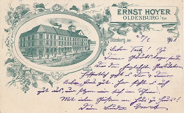 Ansichtskarte „Ernst Hoyer Oldenburg i./Gr.“, 1901 gelaufen, Foto: Stadtmuseum Oldenburg.