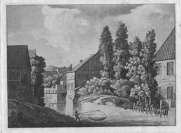 Eine der frühesten Abbildungen eines Fischers beim Fischen mit einer Senke an der Haaren Blickrichtung Mühlenstraße. Radierung mit Aquatinta von Franz Michelis nach Michael Bürmann, 1806. Bild: Stadtmuseum Oldenburg.