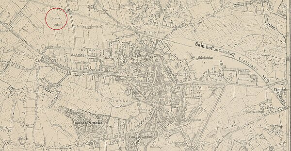 Auf der "Karte von der Grossherzoglichen Residenz der Stadt Oldenburg mit Umgebung" aus dem Jahr 1869 ist die sogenannten Seminarweide, auf der der Seminargarten angelegt wurde, nördlich der heutigen Ofener Straße verzeichnet. Bild: Stadtmuseum Oldenburg.