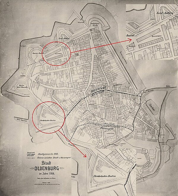 Der Stadtplan von 1788 zeigt die Elendenbuden-Bastion am Ende der Gaststraße, die nach den ärmlichen („elenden“) Behausungen benannt wurde und die drei Baracken auf dem heutigen Waffenplatz (damals als Barackenplatz bezeichnet). Bild: Stadtmuseum Oldenburg.