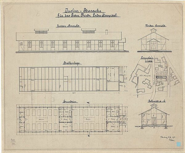 Plan und Bauzeichnung der Isolierbaracke samt Lage in der Wilhelmstraße 13 vom 25. März 1915. Erstellt durch den Architekten Heinrich Weber. Bild: Stadtmuseum Oldenburg.