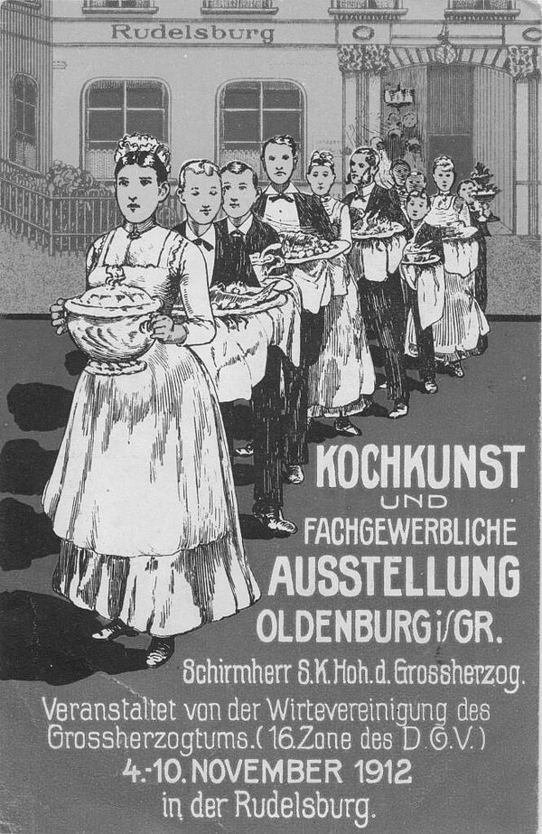 Postkarte mit Veranstaltungshinweis auf "Kochkunst und Fachgewerbliche Ausstellung" in der „Rudelsburg“, 1912, Bild: Stadtmuseum Oldenburg. 