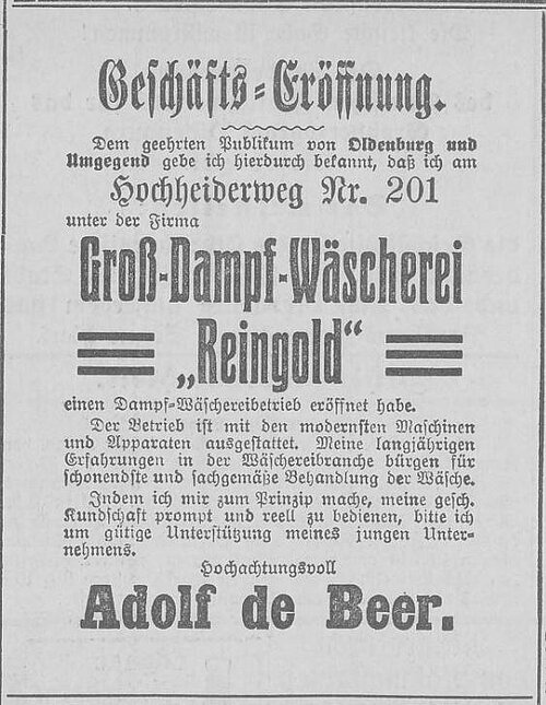 Wie zu Beginn des 20. Jahrhunderts üblich, gab Adolf de Beer über diese Zeitannonce in den „Nachrichten für Stadt und Land“ vom 9. August 1908 die Eröffnung seines Geschäfts bekannt. Bild: Landesbibliothek Oldenburg