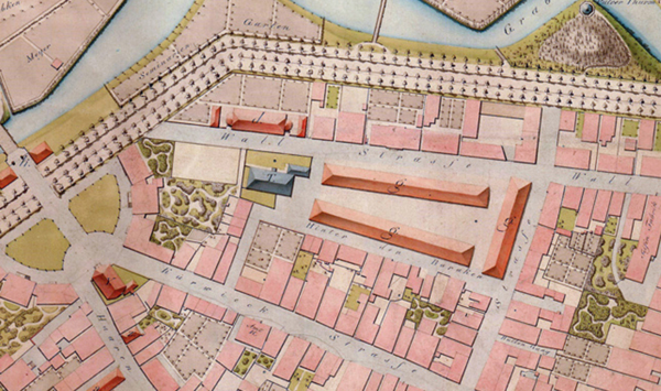 Die Lage der Baracken („g.“) um das Jahr 1826. Ausschnitt aus dem Stadtplan von H. A. Vollimhauss (1828) nach einem Plan von H. Hüner. Bild: Stadtmuseum, KP 495
