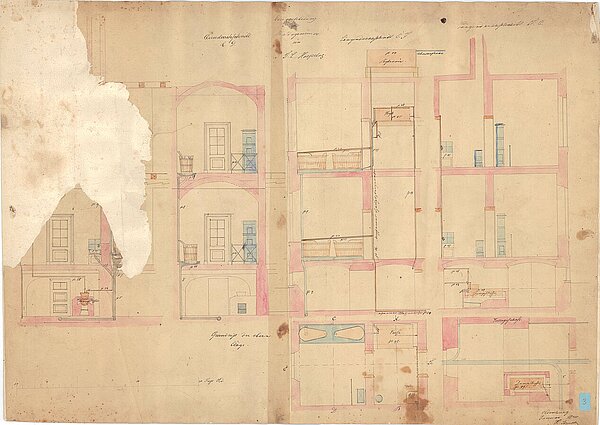 Plan für das PFL von Heinrich Strack aus dem Jahr 1840. Zu sehen sind ein Quer- und ein Längsschnitt der Badezimmer. Bild: Stadtmuseum Oldenburg.