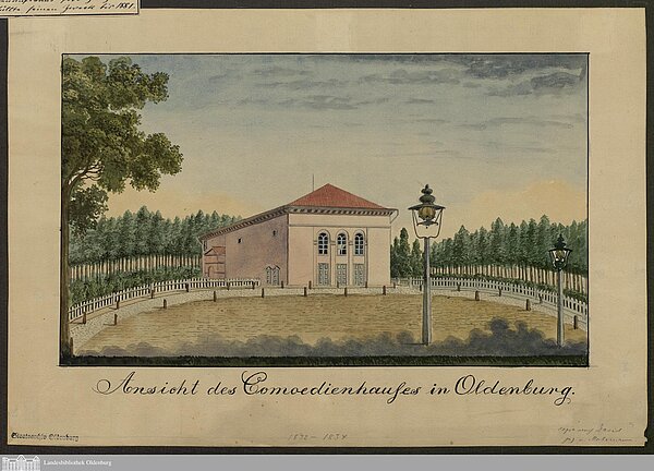 Gebäude des alten Großherzoglichen Hoftheaters in Oldenburg in Vorderansicht mit dem Untertitel „Ansicht des Comoedienhauses in Oldenburg“, undatiert, ca. 1834, koloriert. Zeichner: Mohrmann, Kopie nach David. Zustand 1833 / 34. Bild: Landesbibliothek Oldenburg