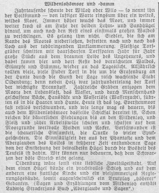 Noch bis zu Beginn des 20. Jahrhunderts herrschte in der Bevölkerung die negative Ansicht über das düstere Moor vor, wie dieser Ausschnitt aus der 2. Beilage zu Nr. 234 der „Nachrichten für Stadt und Land“ vom 29. August 1933 wiederspiegelt. Bild: Landesbibliothek Oldenburg.