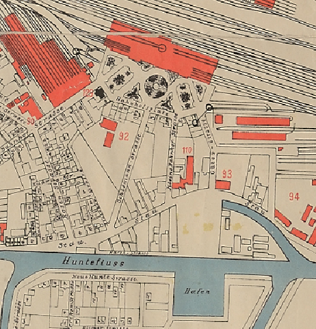 Ausschnitt aus dem „Plan der Grossherzoglichen Residenzstadt Oldenburg“ von H. Gier aus dem Zeitraum und 1891 und 1894. Hier trägt die Kaiserstraße den Namen „Schlömann-Straße“. Bild: Stadtmuseum Oldenburg, KP 558.