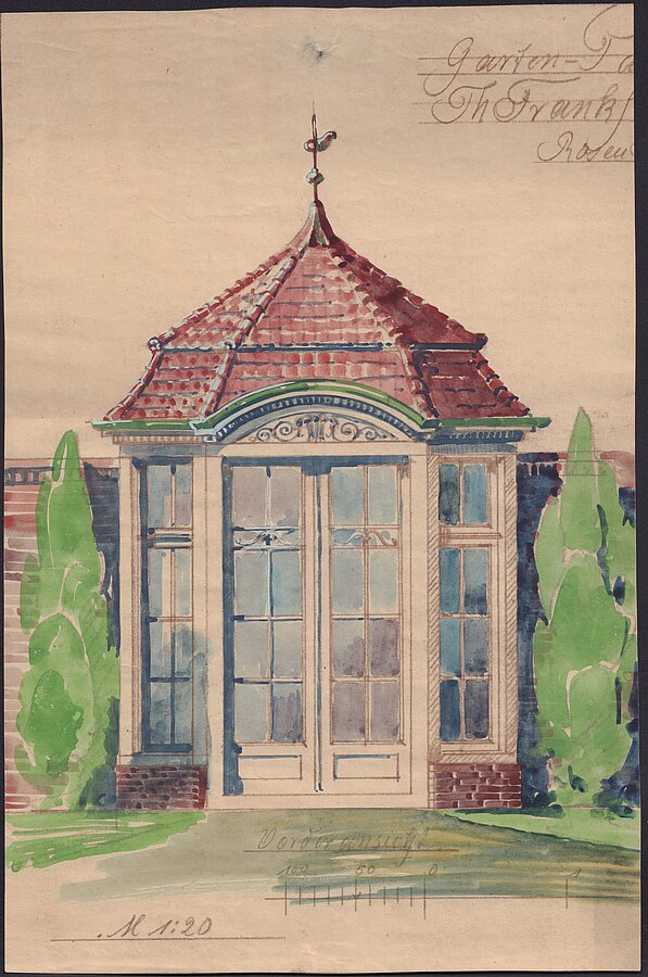 Farbiger Entwurf des Pavillons vom Architekturbüro Wellermann & Frölich, um 1910, Foto: Stadtmuseum Oldenburg.