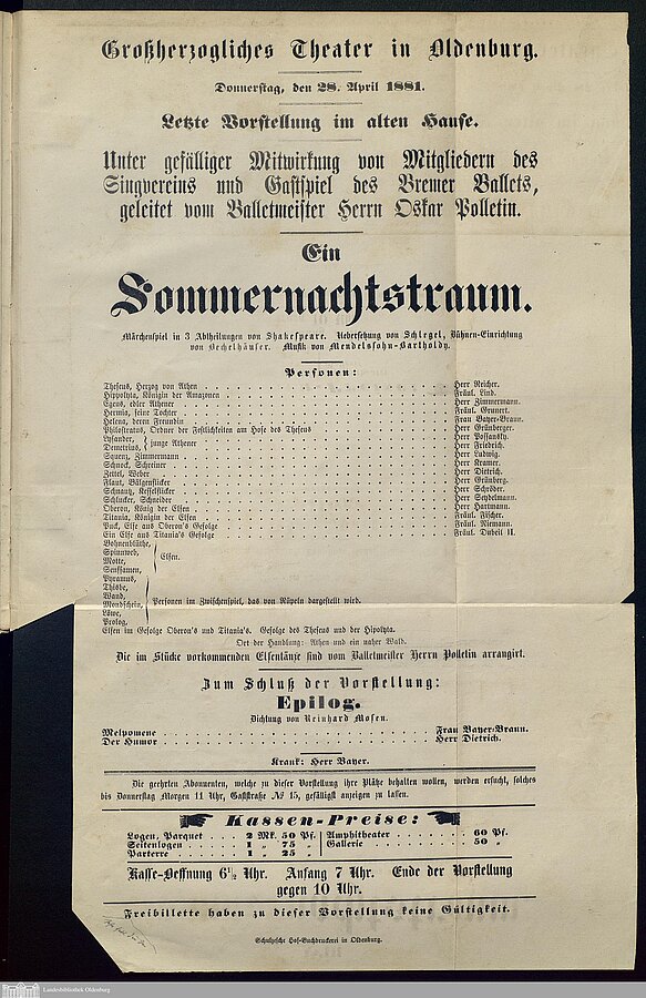 Theaterzettel der letzten Vorstellung im „alten Hause“ am Donnerstag, den 28. April 1881. Bild: Landesbibliothek Oldenburg