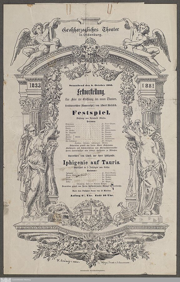 Theaterzettel der Festvorstellung anlässlich der Eröffnung des neuen Theaters am Donnerstag, den 8. Oktober 1881. Bild: Landesbibliothek Oldenburg