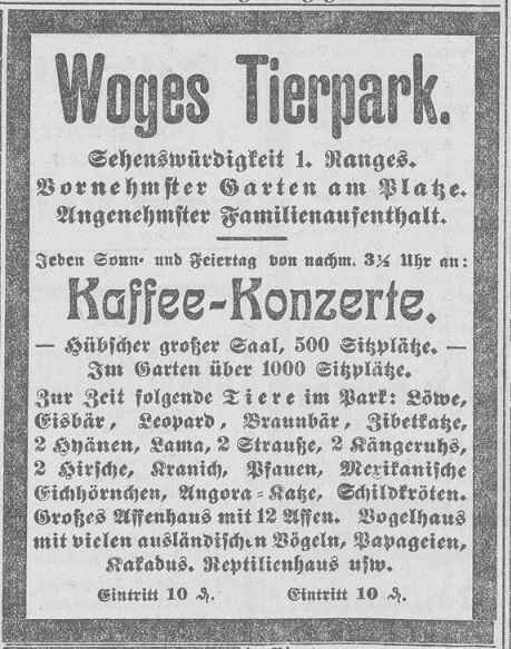 Die Anzeige in den Nachrichten für Stadt und Land vom 9. Mai 1915 wirbt für Kaffee-Konzerte und angenehme Familienaufenthalte und mit einer großen Anzahl von Zootieren. Bild: Landesbibliothek Oldenburg.