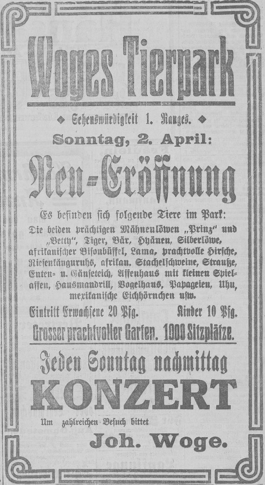 Der Tierpark ist über die Wintermontage geschlossen. Jedes Jahr im April wird er neu eröffnet. Anzeige vom 1. April 1916 in den Nachrichten für Stadt und Land. Bild: Landesbibliothek Oldenburg.