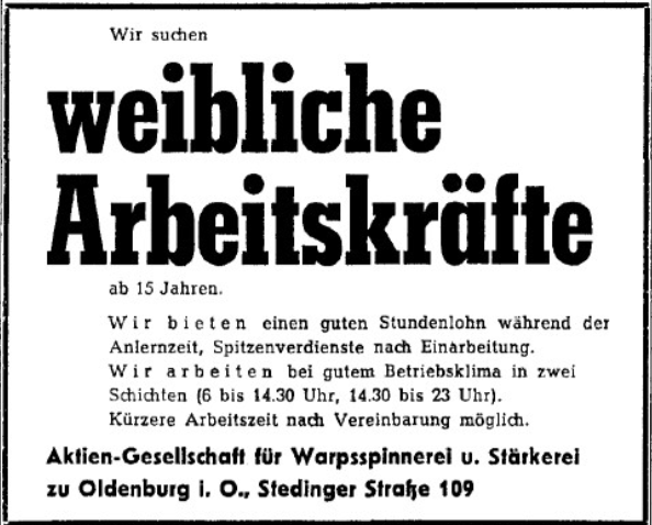 Eine Stellenanzeige der Warpsspinnerei aus dem Mai 1962 in der Nordwest-Zeitung. Foto: Mit freundlicher Genehmigung der Nordwest-Zeitung.